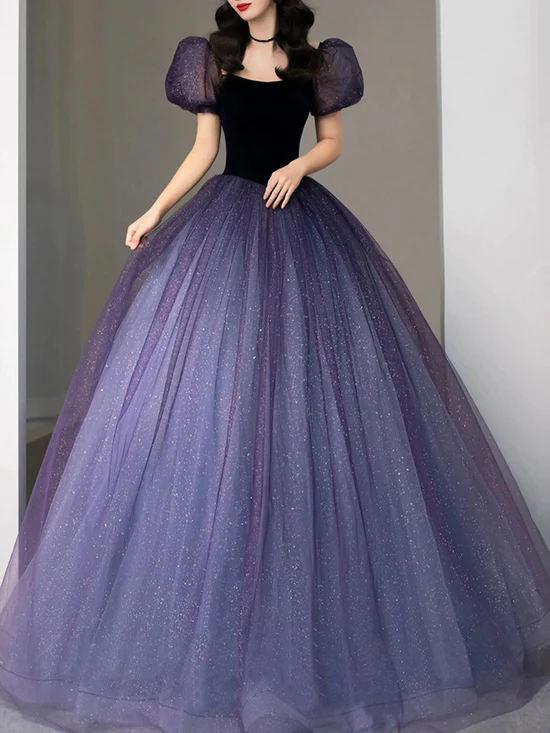 Purple tulle sequin long prom dress, purple evening dress   cg24995