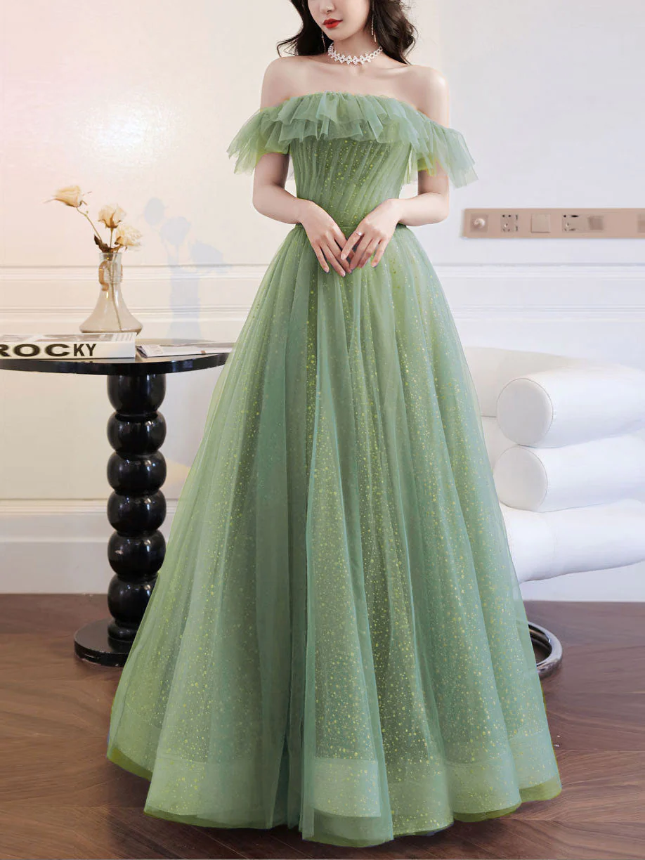 A line Green Long Prom Dresses, Green Tulle Formal Graduation Party Dress   cg24988