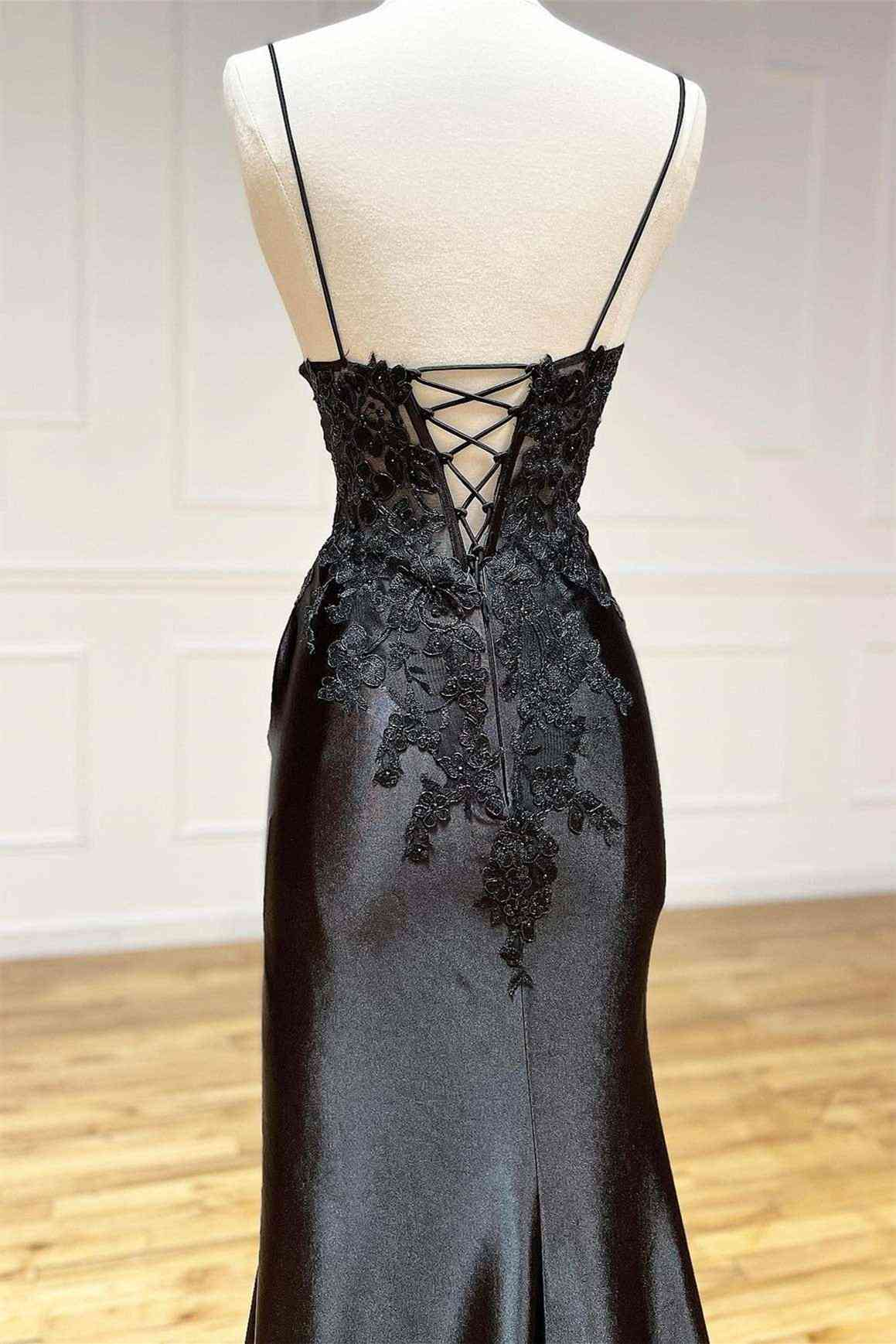 Black Long Appliques Prom Dress with Spaghetti Straps    cg24993