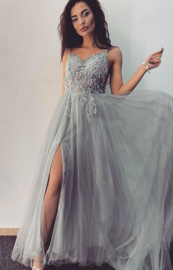 luxury beaded long prom dresses, chic grey prom gowns, fashion prom dresses with legsplit  cg10035