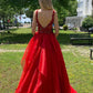 Red v neck tulle lace long prom dress, red evening dress cg1004