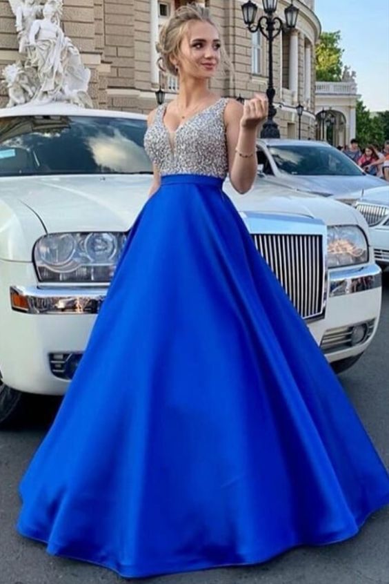Royal Blue Satin Long Prom Dress with Silver Sequins Top   cg10051