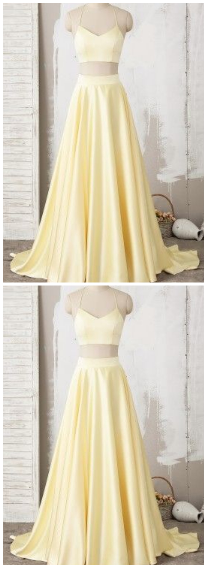 Yellow Two Piece Halter Lace Satin Long Prom Dress   cg10078