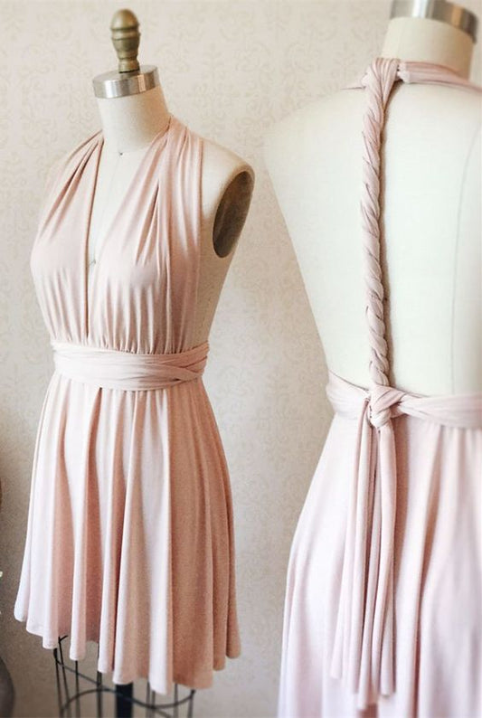 short pink bridesmaid dress, wedding dress, v neck bridesmaid dress, wedding party dress Homecoming Dresses   cg10093