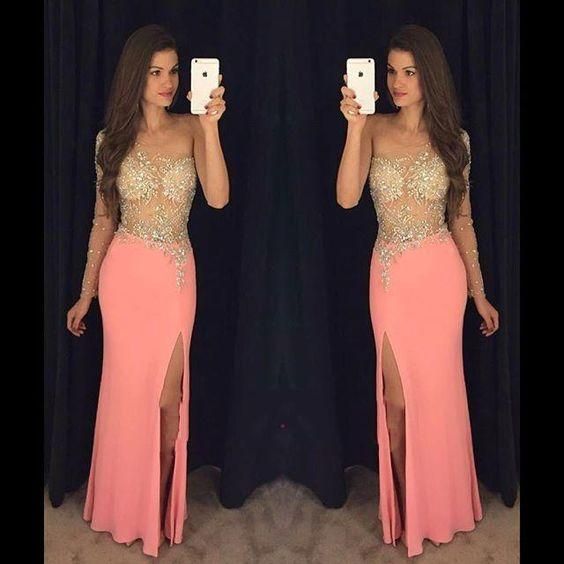 crystals evening dresses long sleeve mermaid coral sheer top sexy formal prom dresses   cg10113