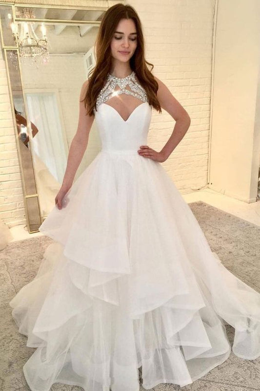 White tulle long prom dress, white tulle evening dress cg1012