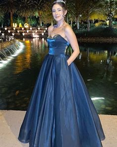 Simple Sweetheart Navy Blue Satin Prom Dress with Pockets   cg10148
