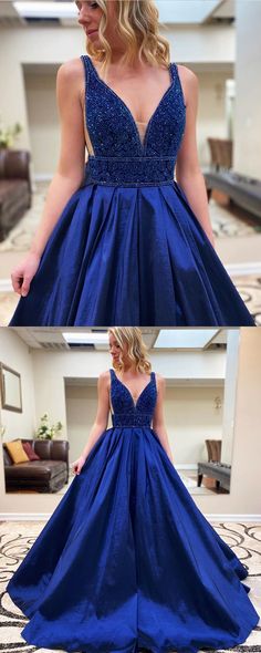 V-neck Royal Blue Beading Bodice Satin Prom Dress with Pockets   cg10151