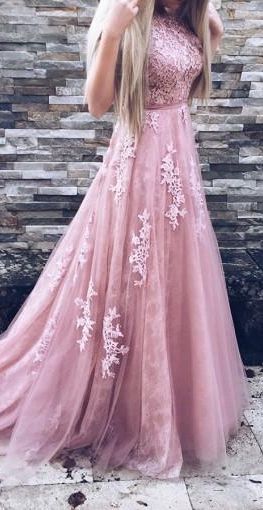 Blush Pink Lace Beaded A-line Long Evening Prom Dresses  cg10195