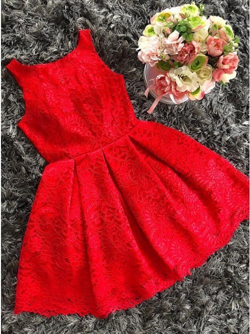 A-Line Round Neck Red Lace Short Homecoming Dress   cg10209