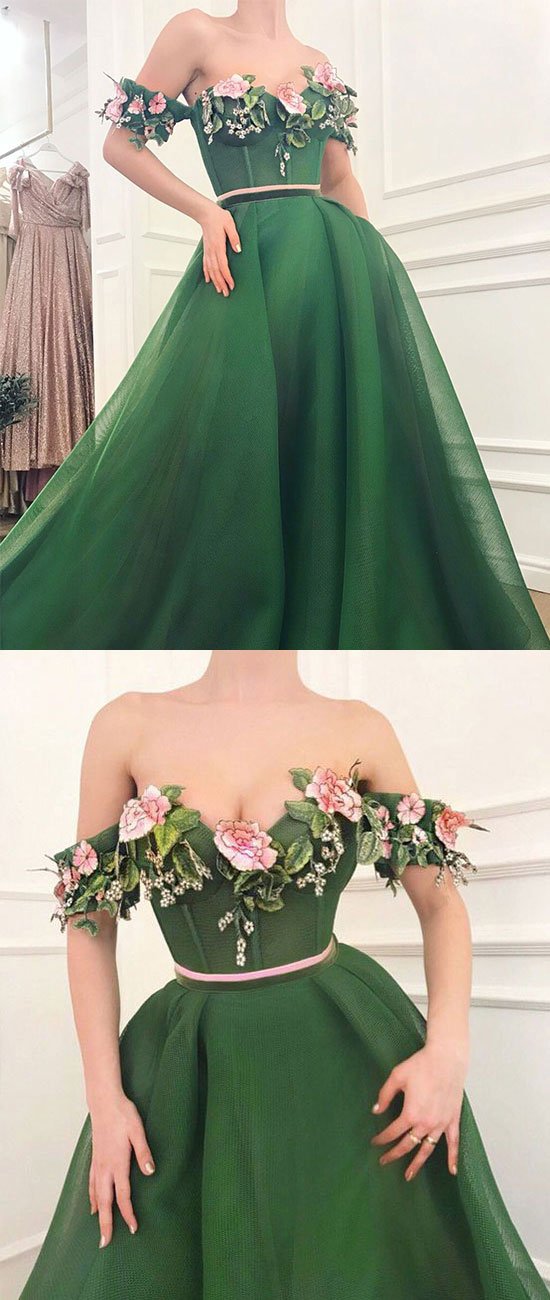 Green sweetheart off shoulder long prom dress, green evening dress cg1022