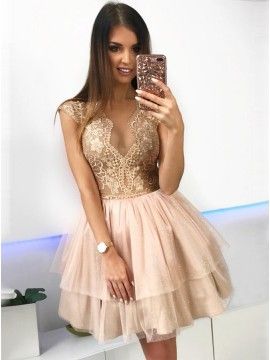 A-Line Crew Above-Knee Champagne Tiered Homecoming Dress with Lace  cg10220