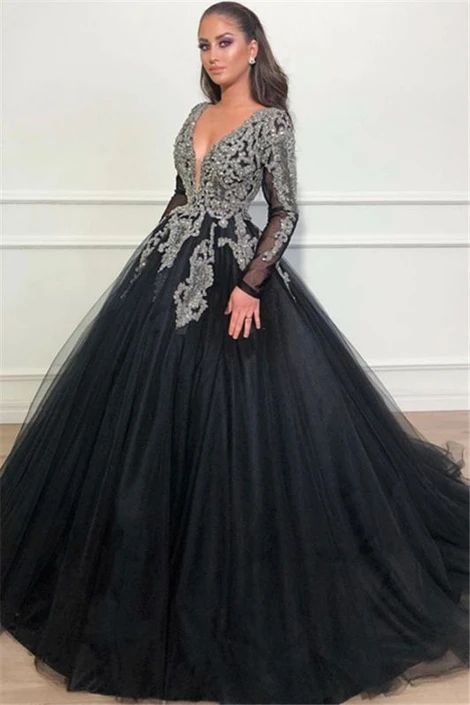 Black Ball Gown Deep V-Neck Long Sleeves Appliques Overskirt Evening Dresses Prom Dress   cg10234