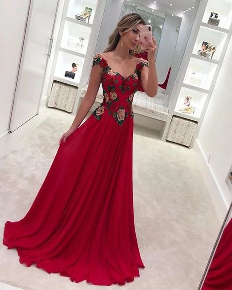 Long A Line Red Prom Dress with Flower, V Neck Satin Evening Party Gown    cg10235