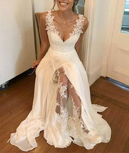 White v neck chiffon lace long prom dress, white evening dress cg1025