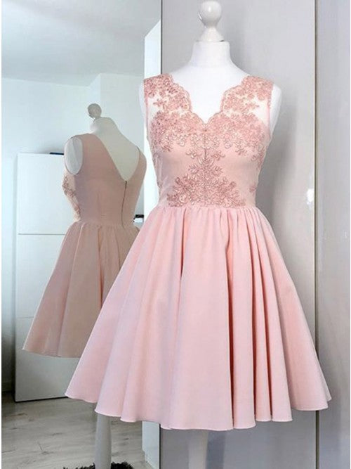 A-Line V-Neck Pink Short Homecoming Dress with Lace   cg10261