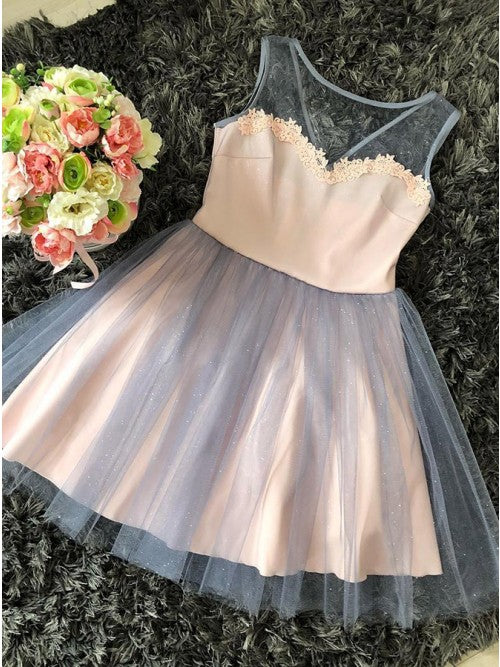 A-Line Round Neck Pink Tulle Homecoming Dress with Appliques   cg10264