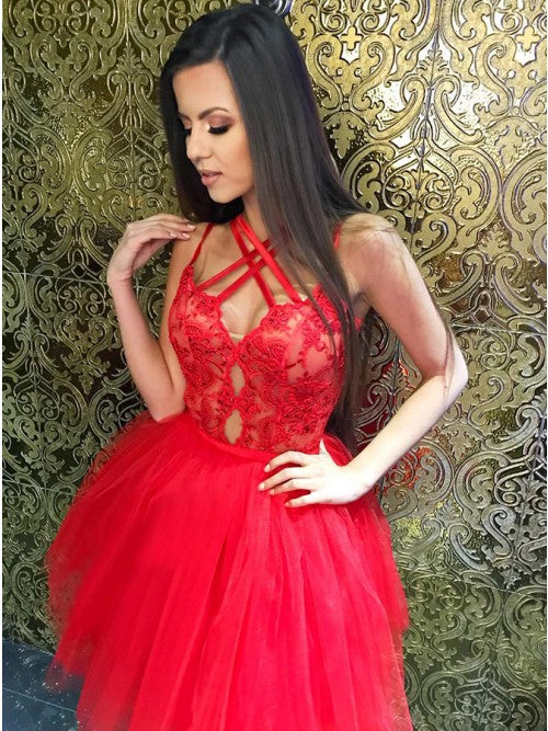 A-Line Cross Neck Red Tulle Homecoming Dress with Lace   cg10268