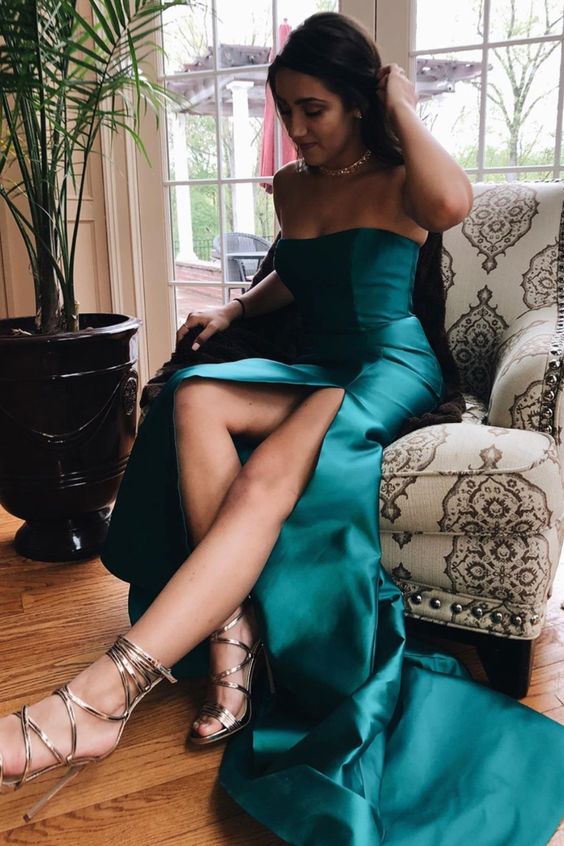 turquoise strapless mermaid long prom dress with side slit   cg10276