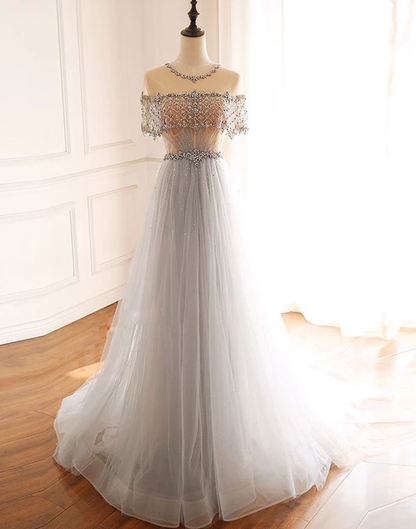 GRAY ROUND NECK TULLE BEADS LONG PROM DRESS FORMA LDRESS   cg10284