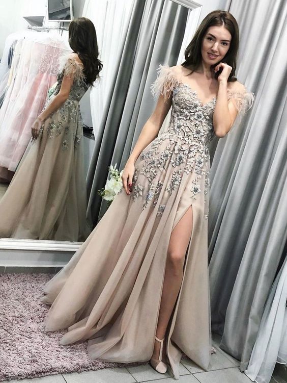 Champagne tulle lace long prom dress champagne tulle formal dress   cg10310