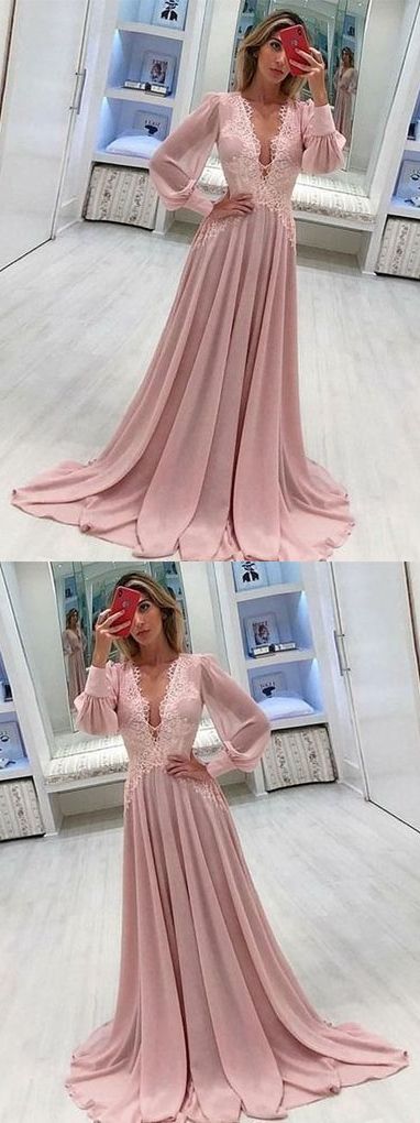 Long Sleeve Prom Dresses Deep V Neck A Line Pink Prom Dress Chiffon Long Evening Dress  cg1032