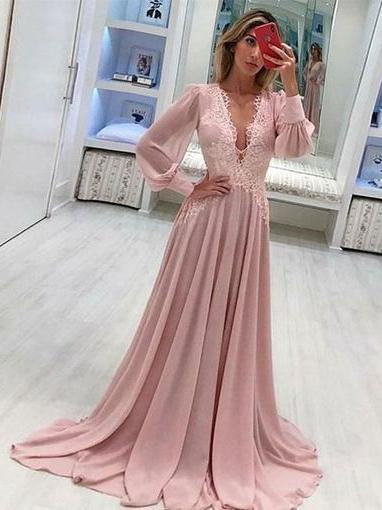 Long Sleeve Prom Dresses Deep V Neck A Line Pink Prom Dress Chiffon Long Evening Dress  cg1032