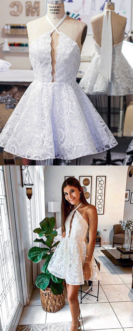 A-Line Halter Keyhole Backless White Homecoming Dress With Lace cg1041