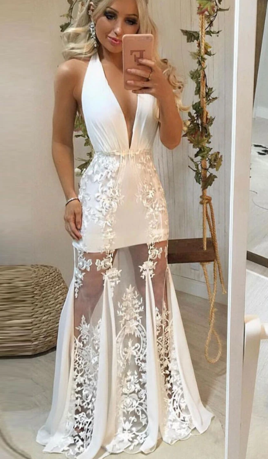 White v neck tulle lace long prom dress lace evening dress   cg10413