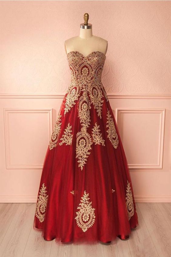 Red sweetheart neck lace applique long prom dress, red evening dress   cg10415