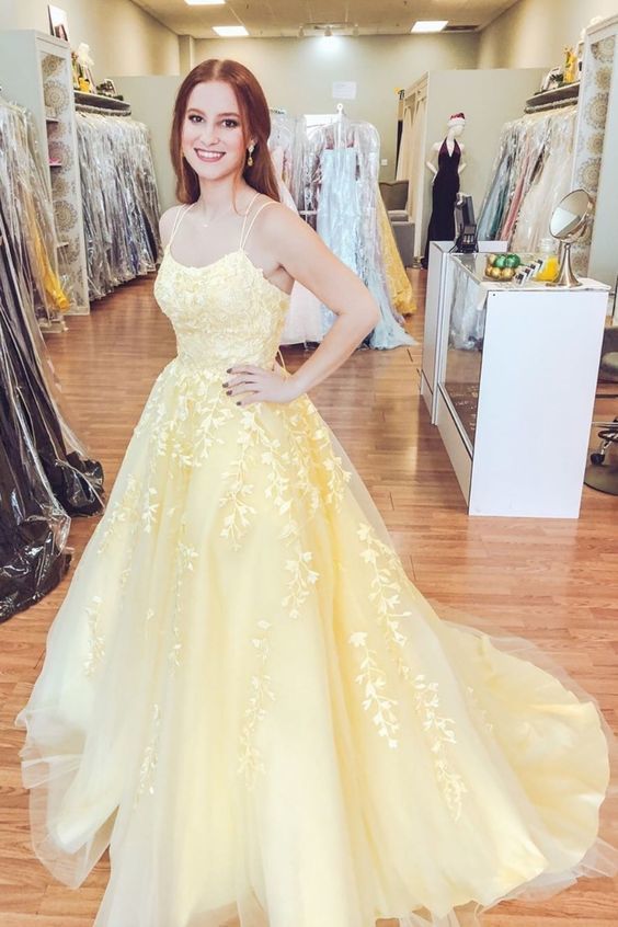 Elegant Yellow Tulle Prom Dress, Appliques Formal Prom Dresses, Long Evening Dress   cg10430