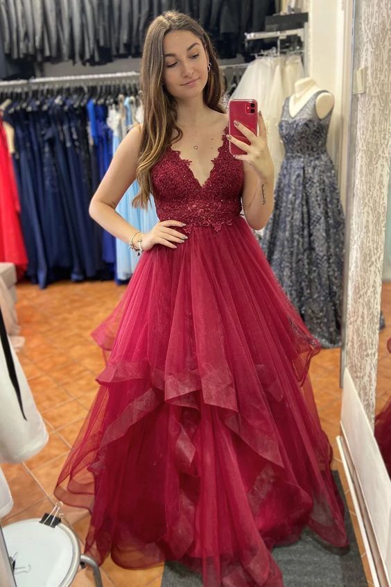 V Neck A-Line Ruffle Red Prom Dress   cg10437