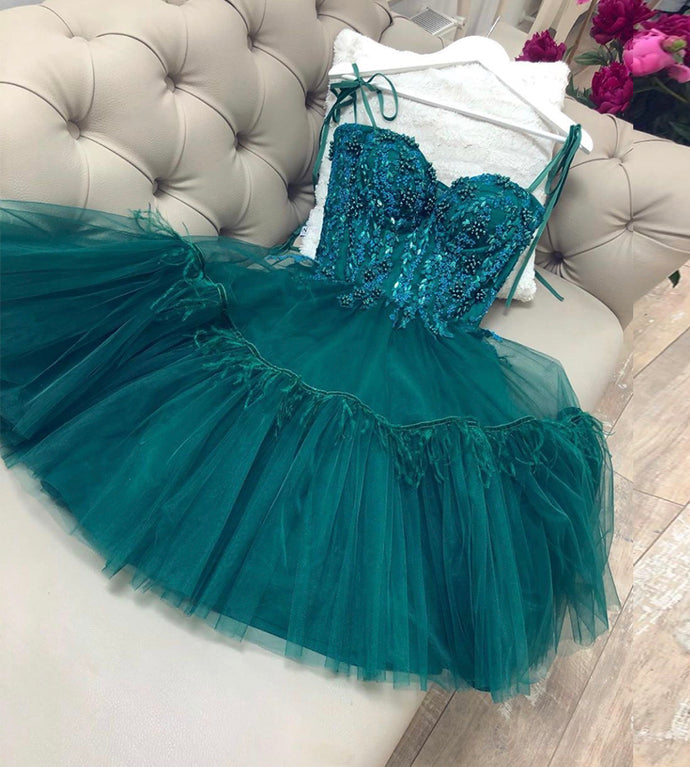 GREEN TULLE LACE SHORT Homecoming Dresses a line green short dress cg10493