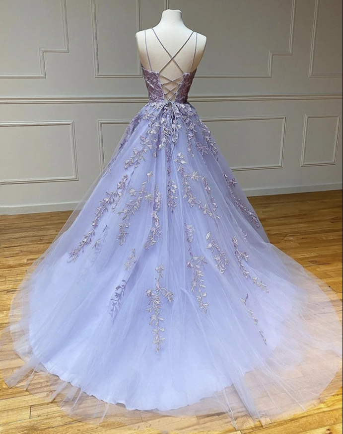 Purple tulle lace long prom dress evening dress   cg10509