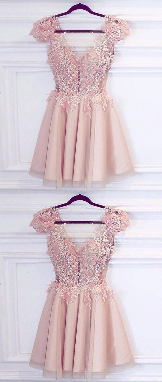 A-Line Deep V-Neck Cap Sleeves Pink Tulle Short Homecoming Dress with Appliques cg1051