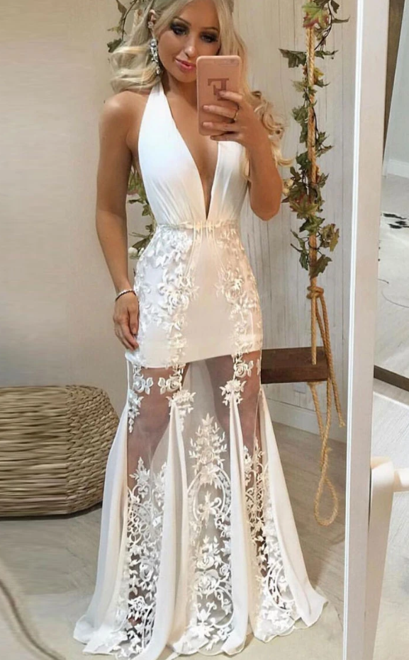 White v neck tulle lace long prom dress lace evening dress   cg10514