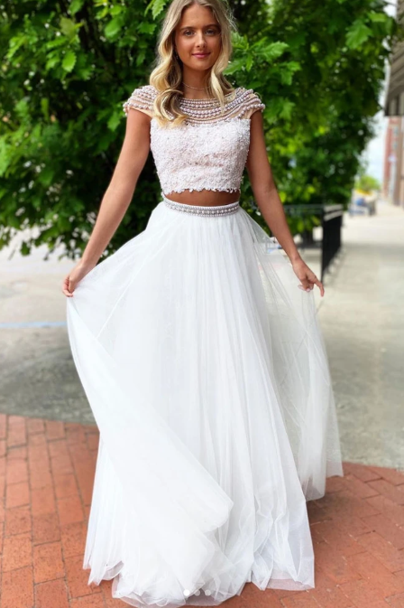 WHITE ROUND NECK TULLE LACE TWO PIECES LONG PROM DRESS WHITE FORMAL DRESS   cg10517