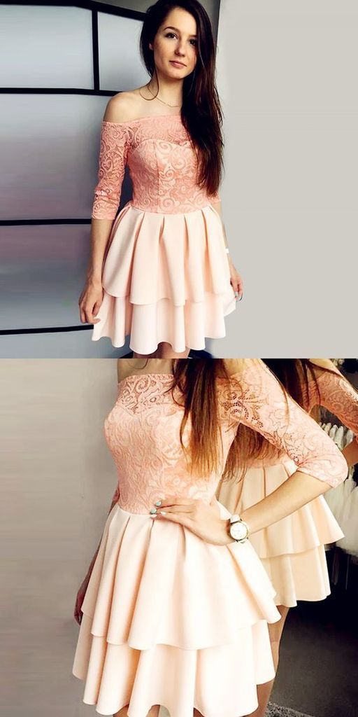 Off the Shoulder 3/4 Sleeves Pink Short Homecoming Dress with Lace   cg10564