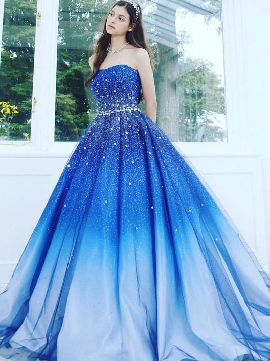A Line Blue Strapless Sweetheart Ombre Sweep Train Ball Gown Beads Tulle Prom Dresses  cg1063