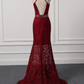 Beautiful Dark Red Lace Halter Beaded Evening Dress, Mermaid Prom Dress   cg10646