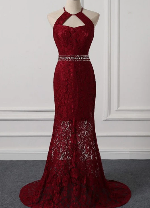 Beautiful Dark Red Lace Halter Beaded Evening Dress, Mermaid Prom Dress   cg10646
