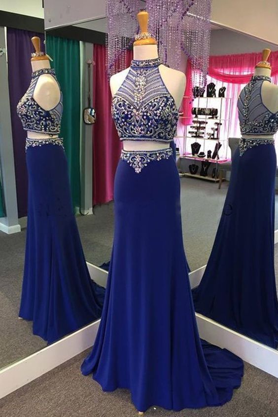 Navy Blue Chiffon Two Pieces Beading See-through Halter Train Long prom Dresses   cg10670
