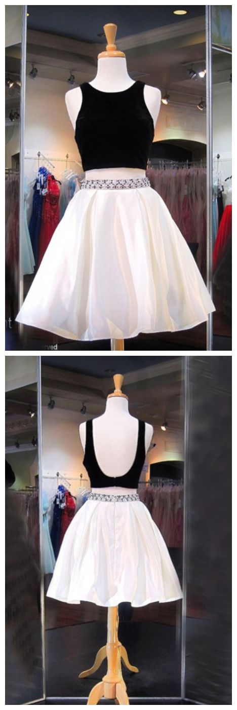 Two Piece Crew Knee-Length Backless Ivory Satin Homecoming Dress with Beading   cg10732