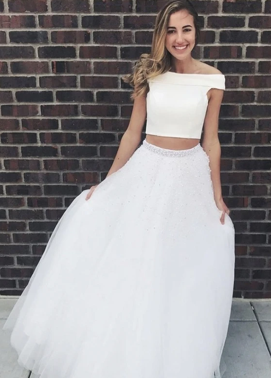 White tulle prom dress two pieces evening dress   cg10785