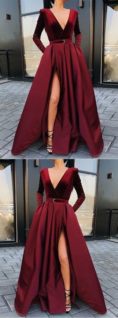 A-Line V-neck Long Sleeves Floor-Length Burgundy Split Prom Dress with Pockets cg1079