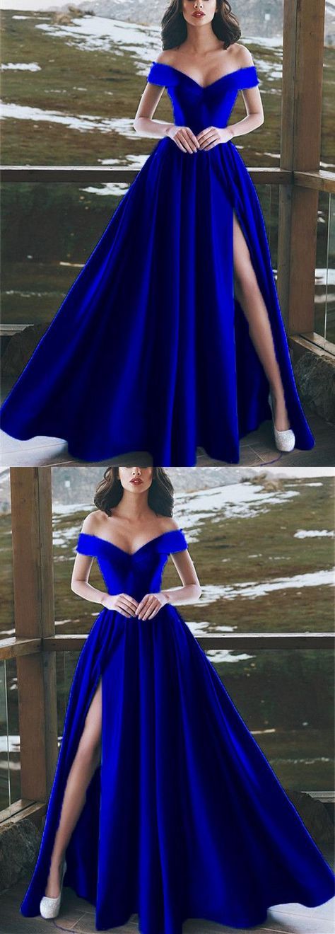 Elegant V-neck Off The Shoulder Long Satin Royal Blue Prom Dresses cg1081