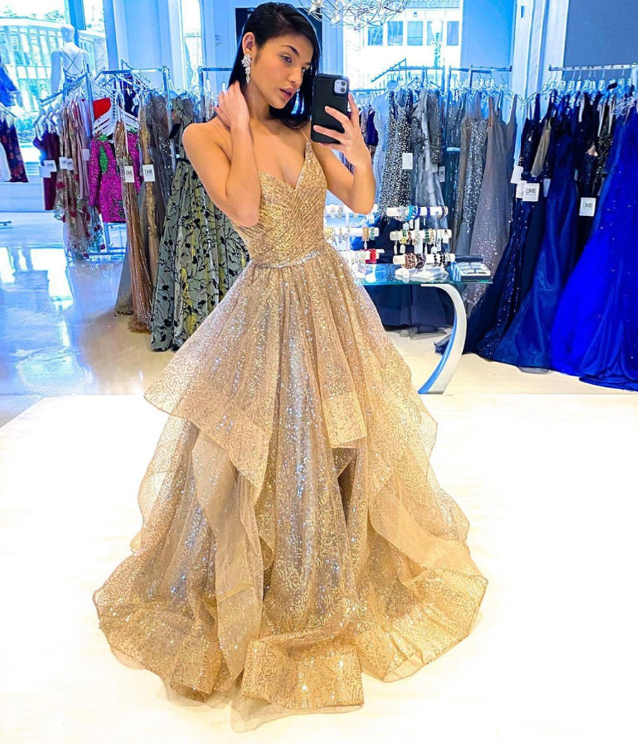 GOLD SEQUINS LONG PROM GOWN EVENING DRESS  cg10824