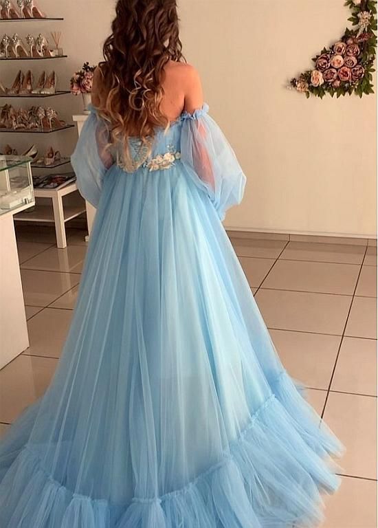 Modest Tulle Off-the-shoulder Neckline Floor-length A-line Prom Dresses With Lace Appliques    cg10851