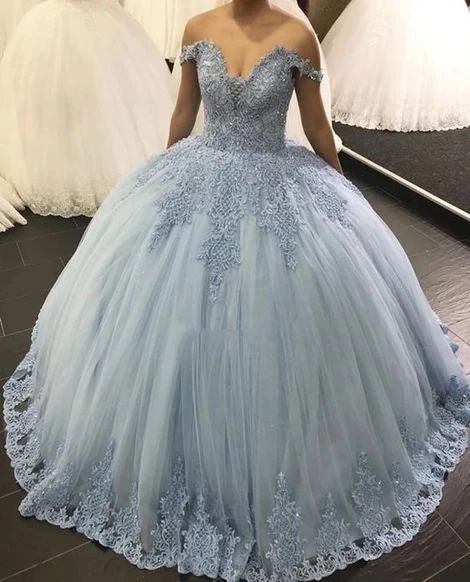 Blue Tulle Appliques Quinceanera Dress Off Shoulder Ball Gown Prom Dresses    cg10852