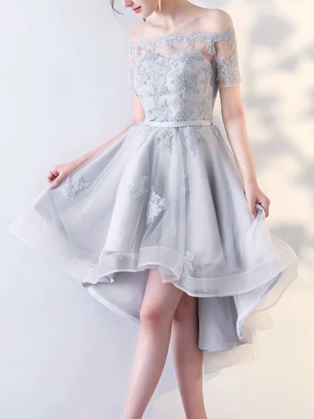 Silver Grey Off The Shoulder Binding Mini Dress,High Low Evening Dress,Sexy Short Sleeves homecoming dress  cg10855